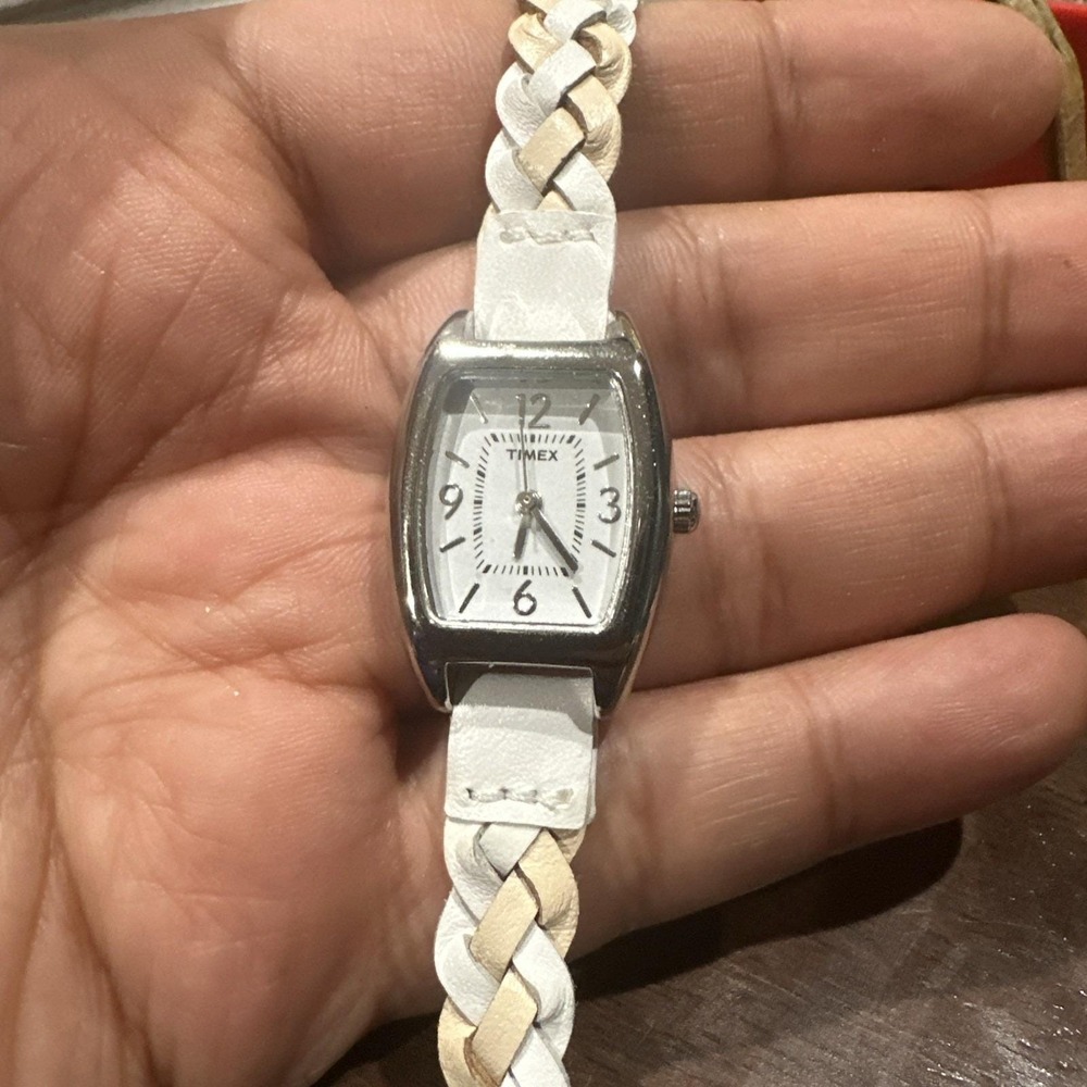 Working Timex Women's 21mm Barrel Watch Silver White Beige‎ Braided Leather